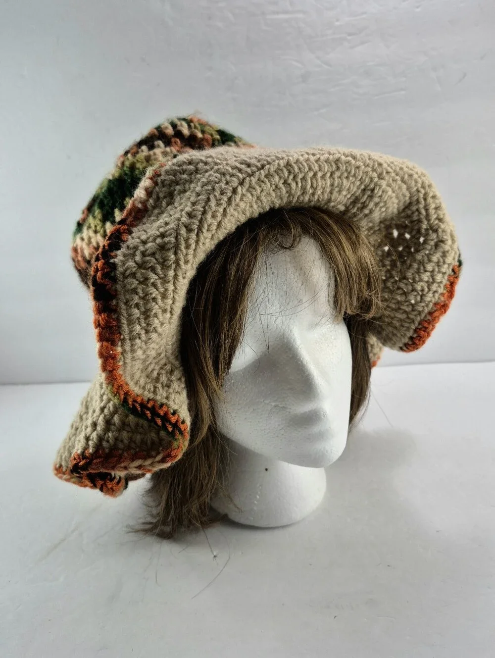 Handmade Boho Crochet Wide Brim Hat Camo Earth Tone Floppy festival Hat 70s Vibe